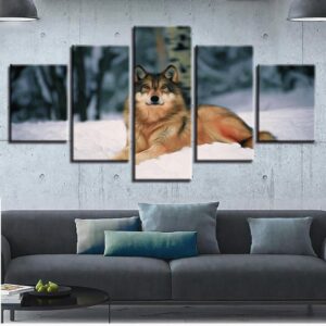 Wolf In The Snow 1 - Animal 5 Panel Canvas Art Wall Decor