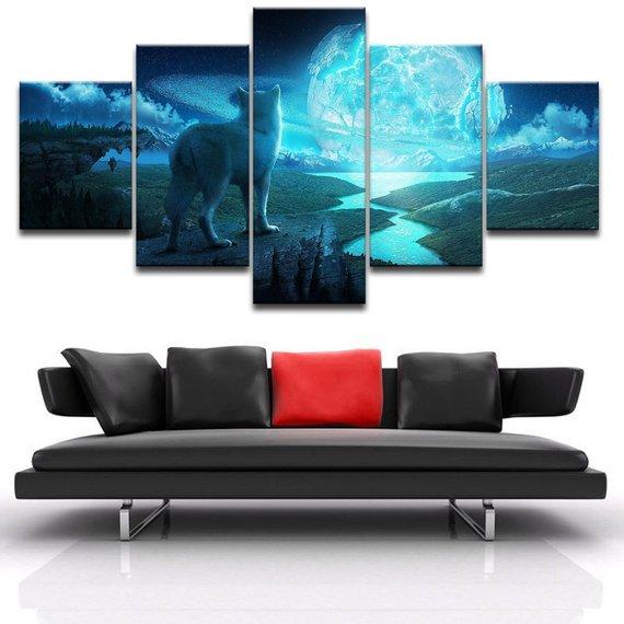 Wolf Moon - Animal 5 Panel Canvas Art Wall Decor Wolf Moon - Animal 5 Panel Canvas Art Wall Decor