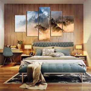 Wolves Howling In The Snow - Animal 5 Panel Canvas Art Wall Decor