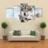 Wolves Pack In Snow - Animal 5 Panel Canvas Art Wall Decor