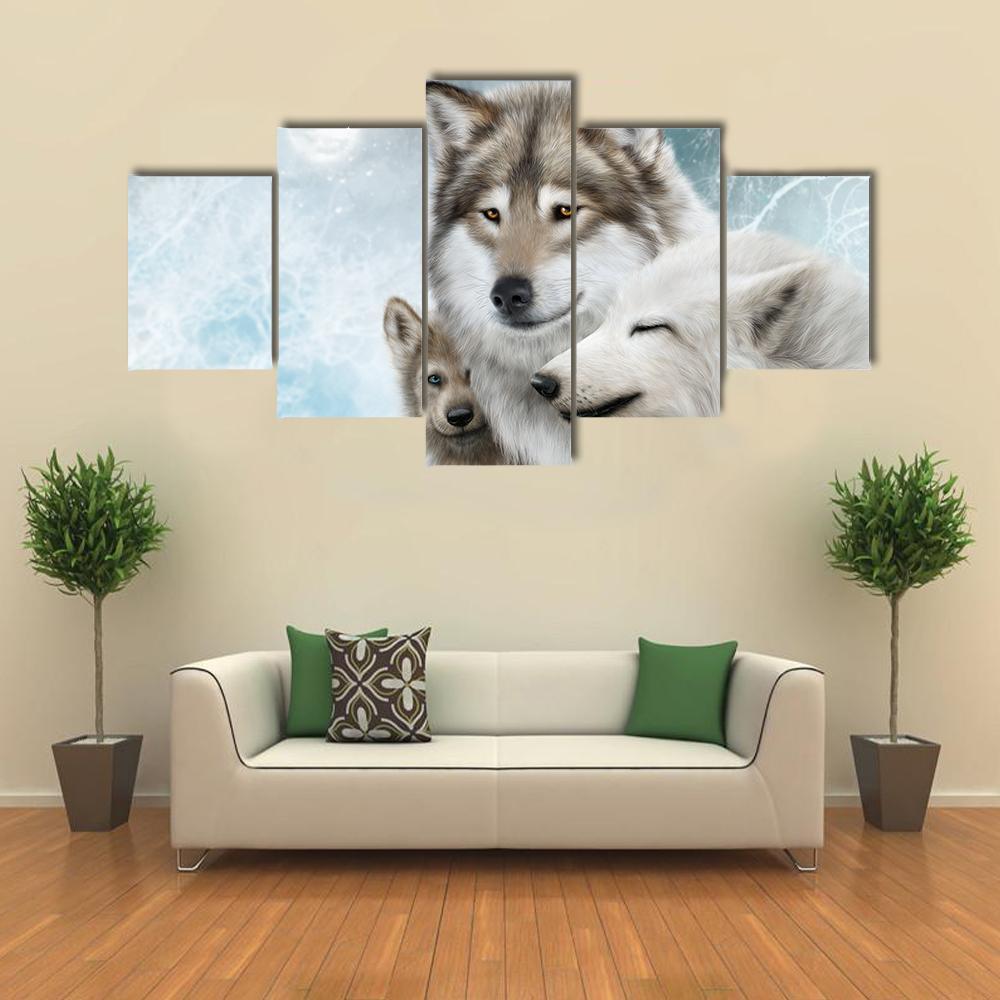Wolves Pack In Snow - Animal 5 Panel Canvas Art Wall Decor Wolves Pack In Snow - Animal 5 Panel Canvas Art Wall Decor