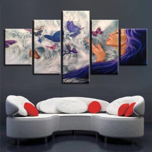 Woman And Butterfly - Abstract 5 Panel Canvas Art Wall Decor