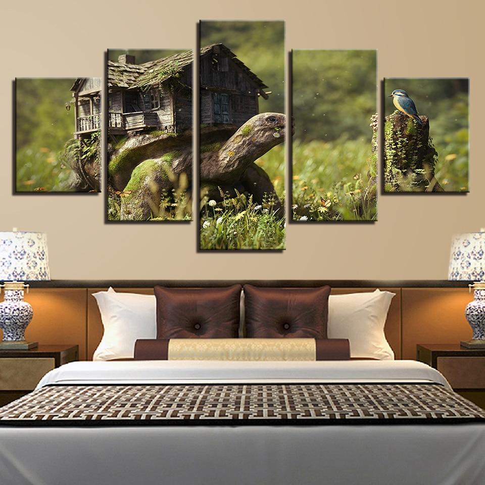 Wooden House And Animal Tortoise Bird - Nature 5 Panel Canvas Art Wall Decor Wooden House And Animal Tortoise Bird - Nature 5 Panel Canvas Art Wall Decor