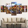 Wooden House Forest River - Nature 5 Panel Canvas Art Wall Decor