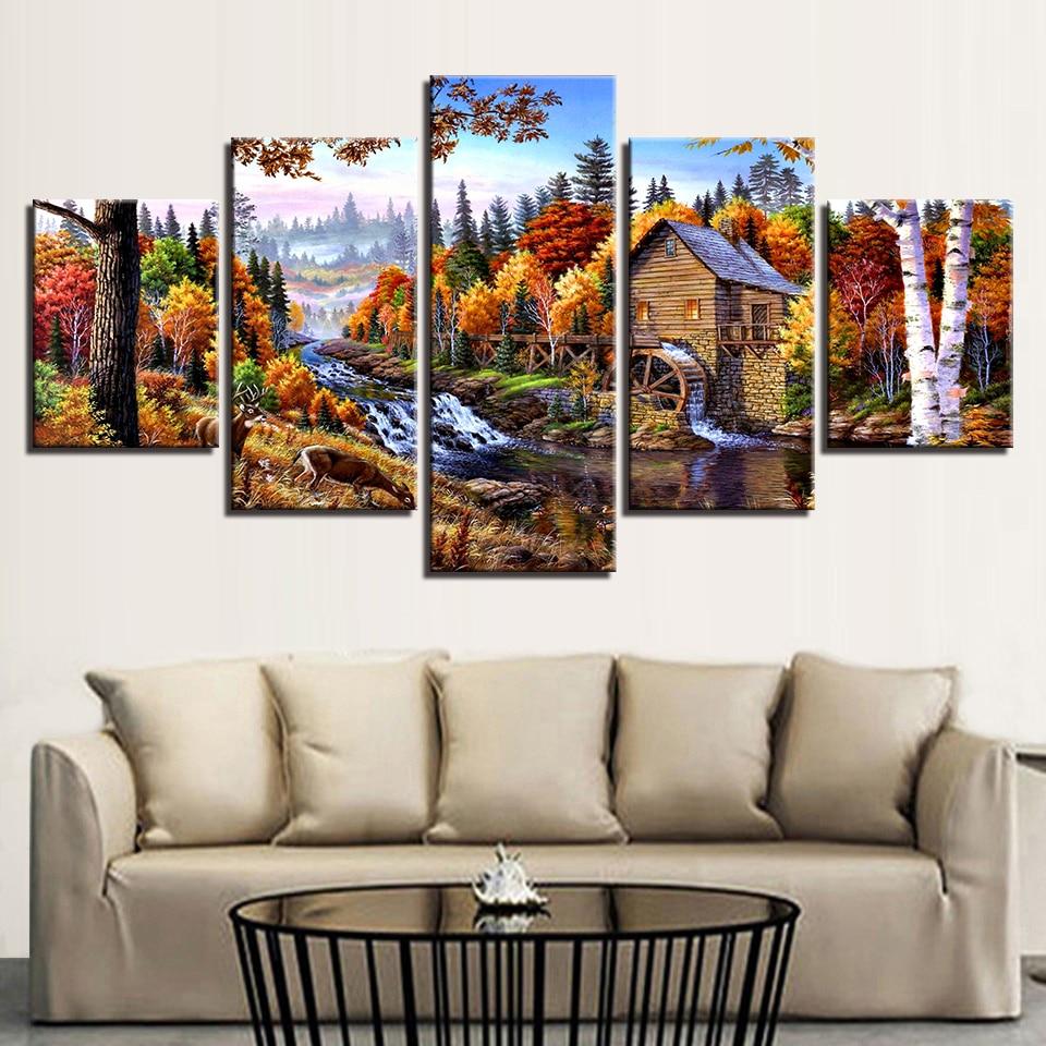 Wooden House Forest River - Nature 5 Panel Canvas Art Wall Decor Wooden House Forest River - Nature 5 Panel Canvas Art Wall Decor