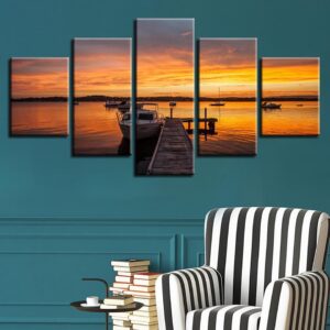 Woods Bridge And Ship Lake Sunset - Space 5 Panel Canvas Art Wall Decor