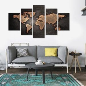 World Map Golden - Abstract 5 Panel Canvas Art Wall Decor