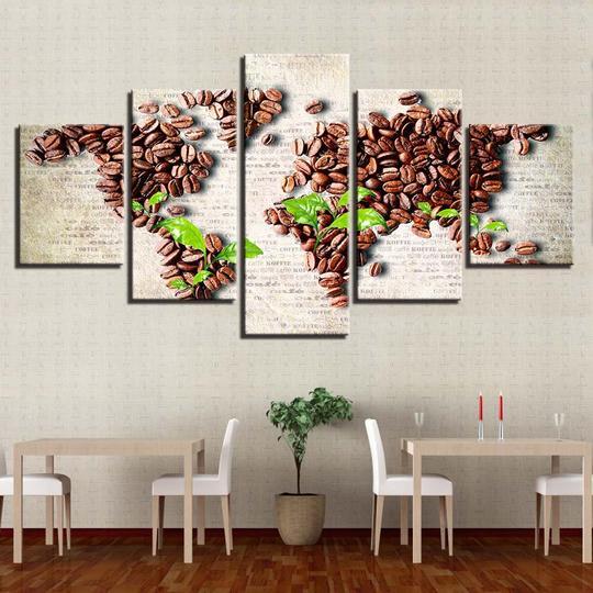 World Map In Coffee Beans And Leaves - Nature 5 Panel Canvas Art Wall Decor World Map In Coffee Beans And Leaves - Nature 5 Panel Canvas Art Wall Decor