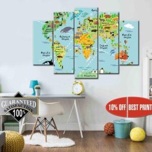 World Map Nursery - Abstract 5 Panel Canvas Art Wall Decor