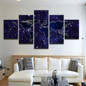 World Map Over Stars - Asbtract 5 Panel Canvas Art Wall Decor