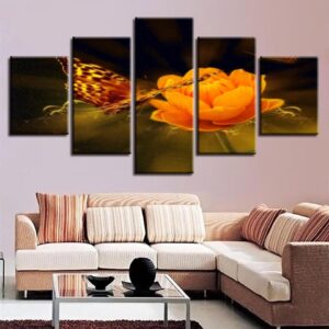Yellow Flowers And Butterflies - Nature 5 Panel Canvas Art Wall Decor
