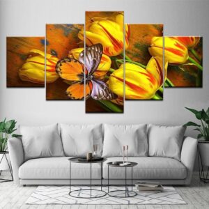 Yellow Tulips And Butterfly - Nature 5 Panel Canvas Art Wall Decor