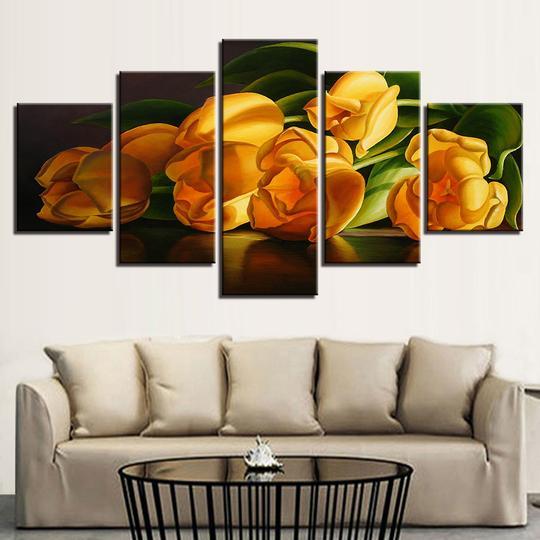 Yellow Tulips - Nature 5 Panel Canvas Art Wall Decor Yellow Tulips - Nature 5 Panel Canvas Art Wall Decor
