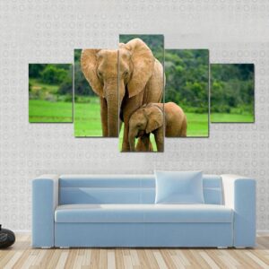 Young With Adult One In Green Fields - Animal 5 Panel Canvas Art Wall Decor