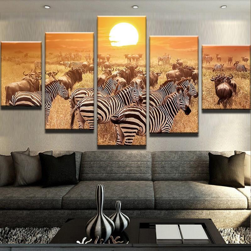 Zebra Sunset - Animal 5 Panel Canvas Art Wall Decor Zebra Sunset - Animal 5 Panel Canvas Art Wall Decor