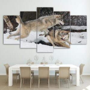 couple wolves playing - Animal 5 Panel Canvas Art Wall Decor