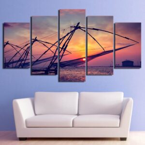 dusk bay sailing boats - Fishing 5 Panel Canvas Art Wall Decor