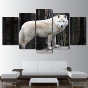 white forest wolf staring - Animal 5 Panel Canvas Art Wall Decor