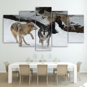 wolf playing in the snow - Animal 5 Panel Canvas Art Wall Decor